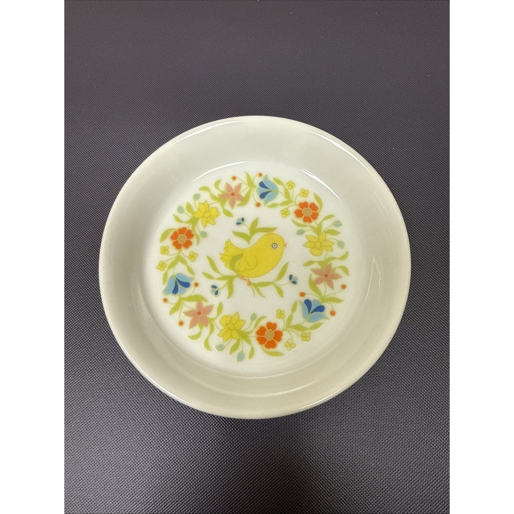 Vintage Lorrie Design Japan Small Porcelain Trinket Dish Chick Flowers-Easter